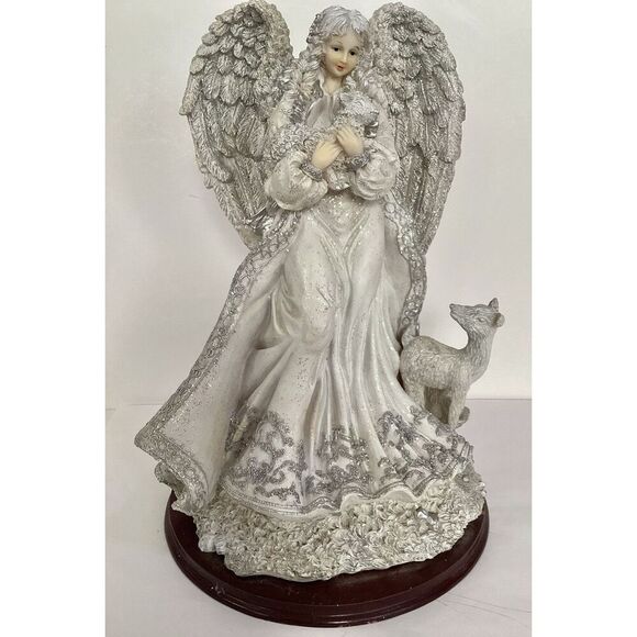 Elegant Guardian Angel with Lamb and Deer Glittered Resin On Wood Base - Picture 8 of 8